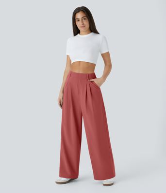 Breezeful™ High Waisted Side Pocket Wide Leg Flowy Solid Palazzo Quick Dry Casual Trousers