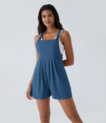 Pockets Waffle Casual Short Overalls
