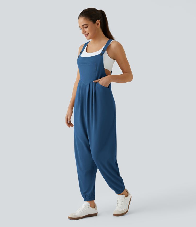 Adjustable Strap Button Multiple Pockets Plicated Waffle Casual Jogger Overalls