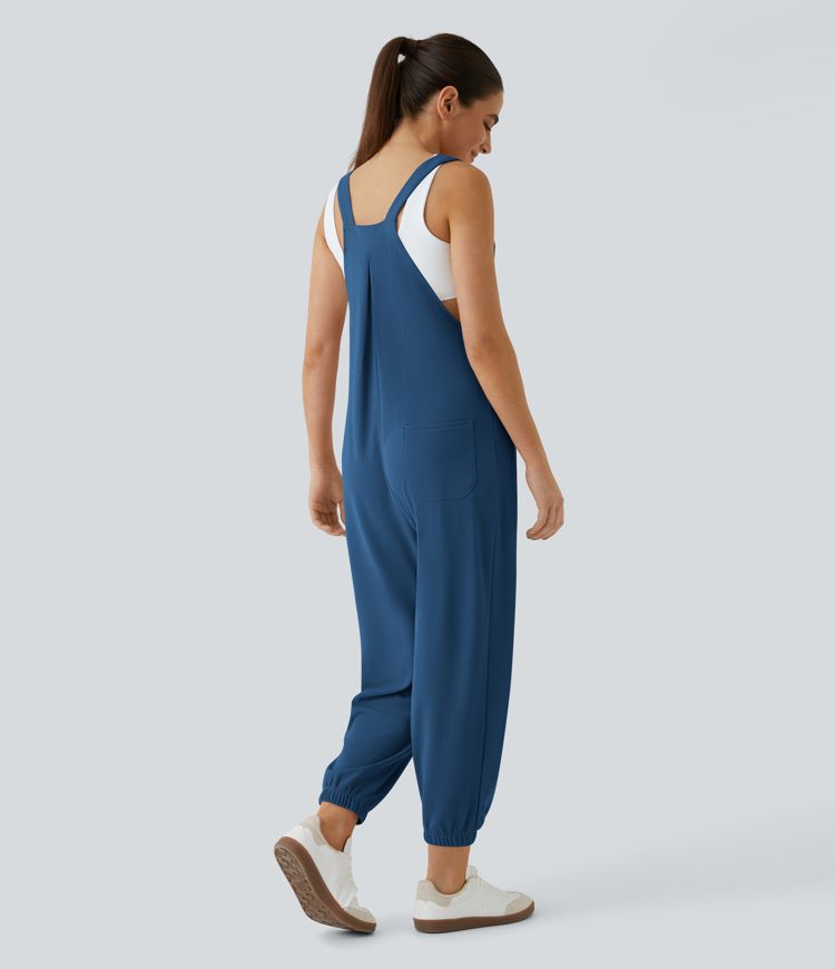 Adjustable Strap Button Multiple Pockets Plicated Waffle Casual Jogger Overalls