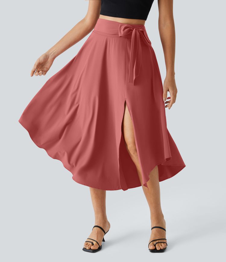 Breezeful™ High Waist Tie-Side Slit 2-in-1 Curved Hem Flowy Quick-Dry Midi-Length Casual Skirt