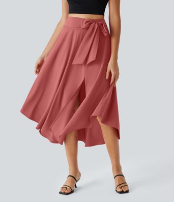 Breezeful™ Jupe midi décontractée taille haute 2-en-1, à nouer sur les côtés, ourlet arrondi, fluide et à séchage rapide