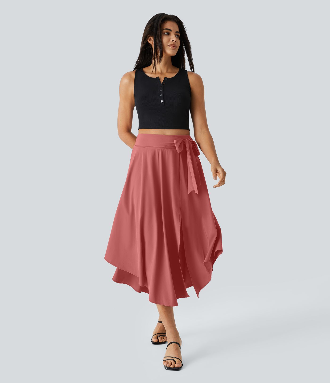 Breezeful™ High Waisted Tie Side 2-in-1 Curved Hem Flowy Quick Dry Midi Casual Skirt
