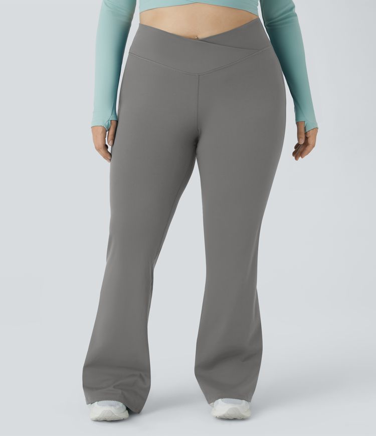 High Waisted Crossover Full Length Flare Plus Size Leggings