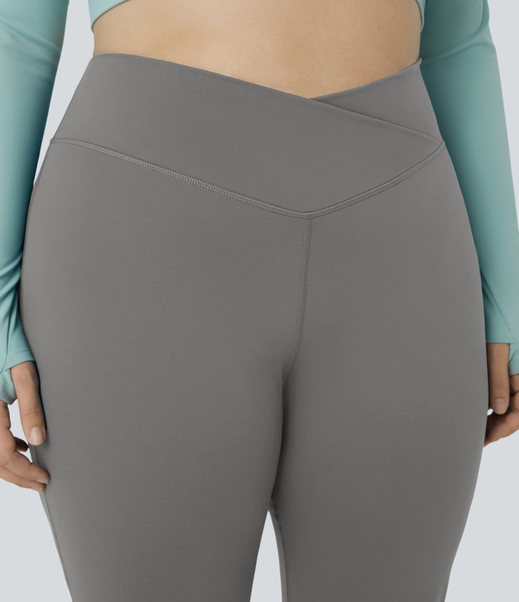 High Waisted Crossover Full Length Flare Plus Size Leggings