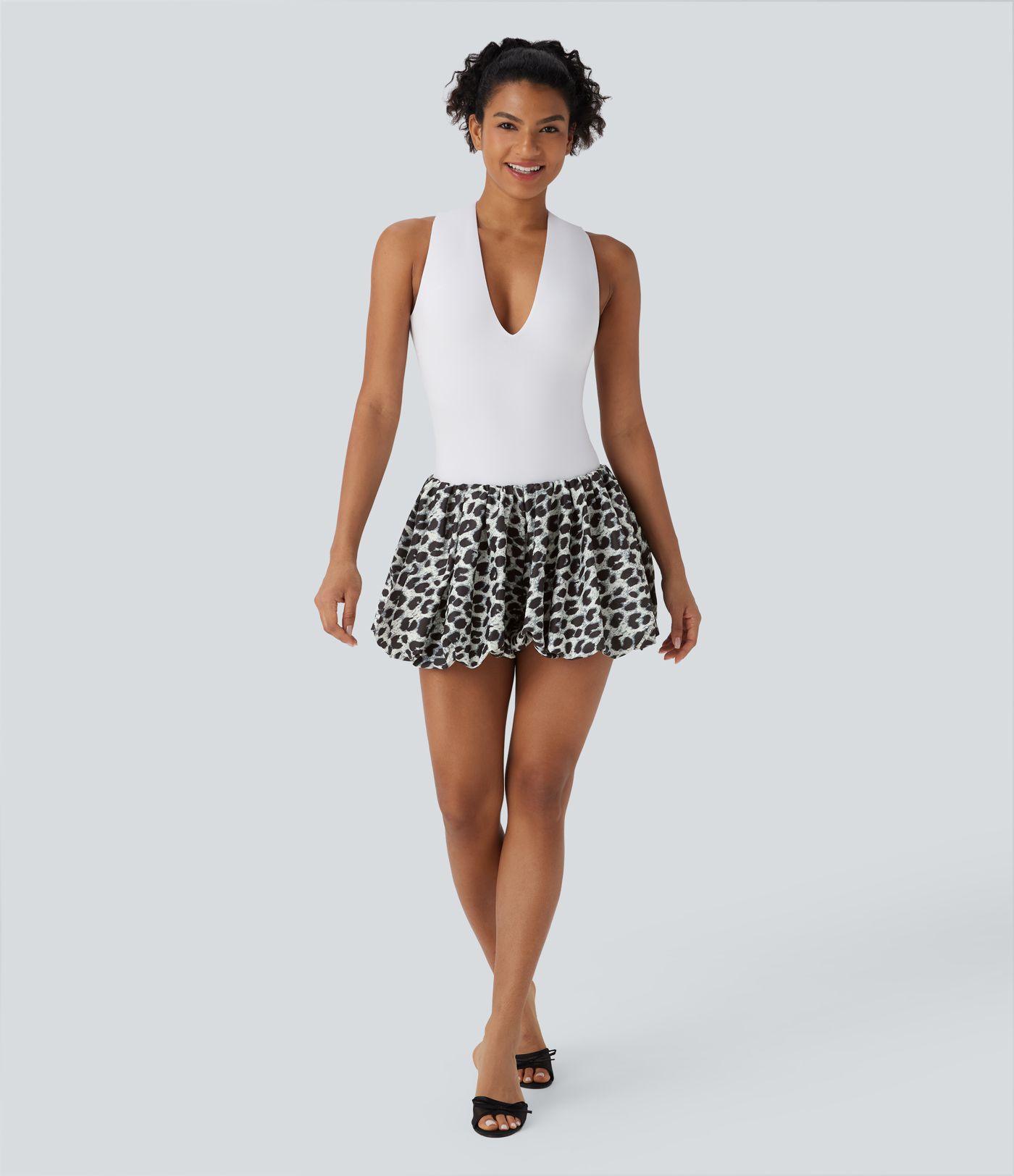 2-in-1 Party-Bubble-Minirock mit niedrigem Bund, Seitentaschen und Leopardenmuster