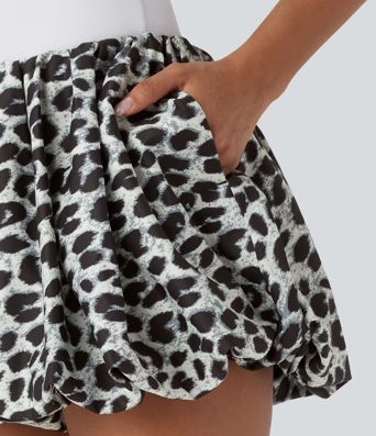 2-in-1 Party-Bubble-Minirock mit niedrigem Bund, Seitentaschen und Leopardenmuster
