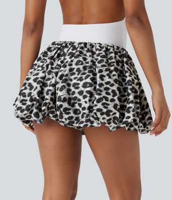 2-in-1 Party-Bubble-Minirock mit niedrigem Bund, Seitentaschen und Leopardenmuster