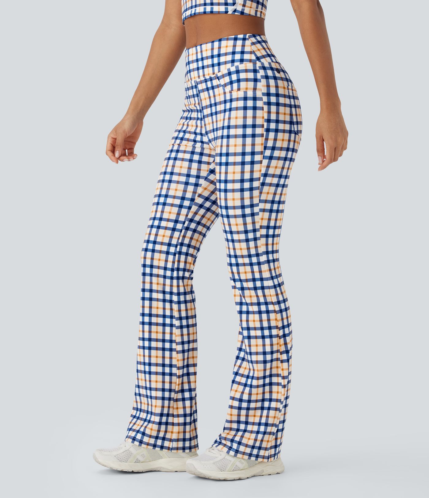 High Waisted Plaid Cool Touch Casual Bootcut Pants with Pockets
