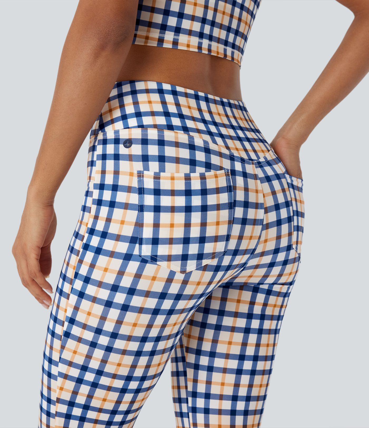 High Waisted Plaid Cool Touch Casual Bootcut Pants with Pockets