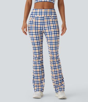 High Waisted Plaid Cool Touch Casual Bootcut Pants with Pockets