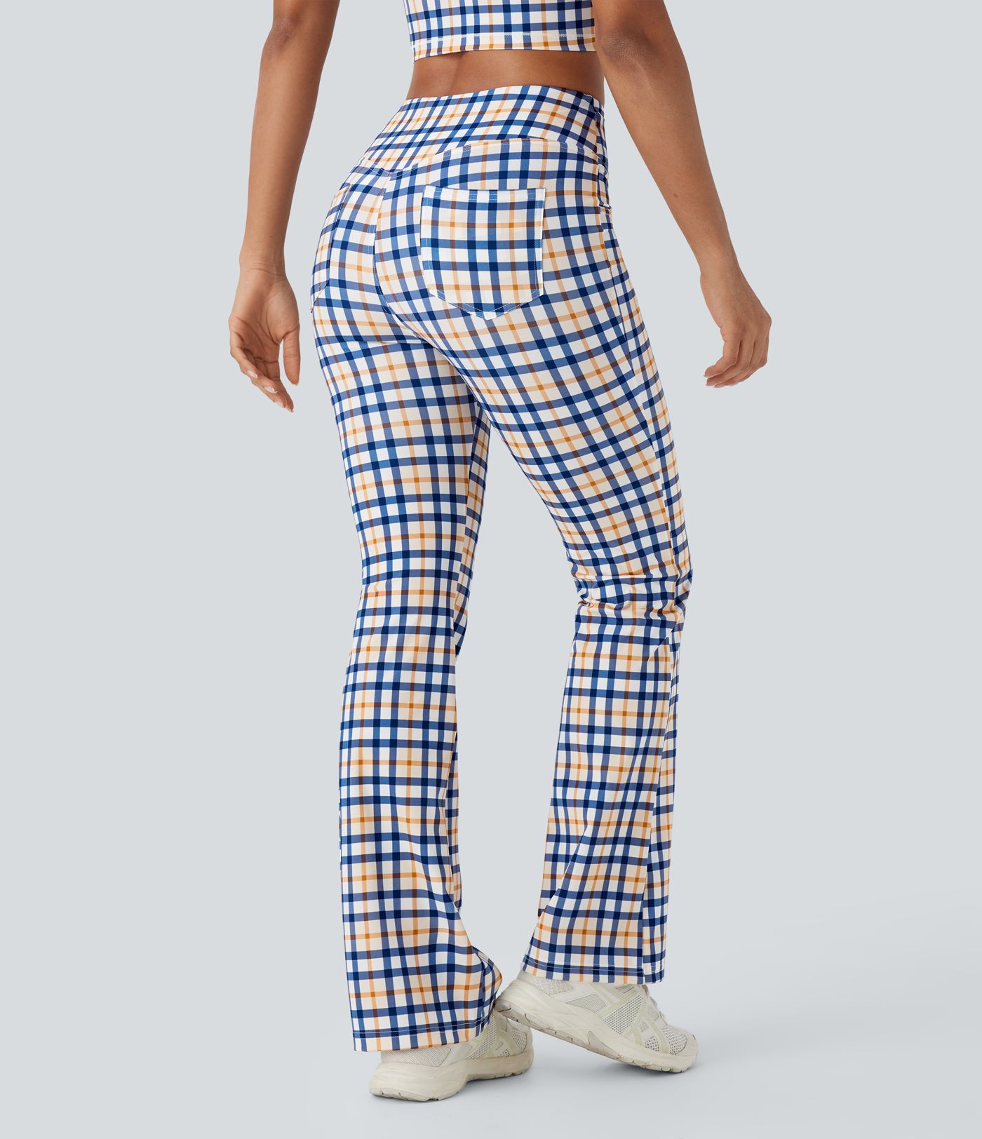 High Waisted Plaid Cool Touch Casual Bootcut Pants with Pockets
