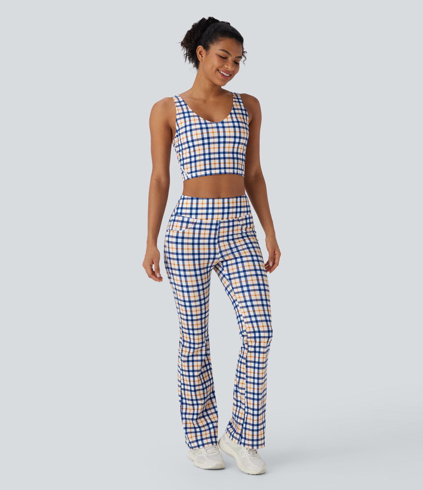 High Waisted Plaid Cool Touch Casual Bootcut Pants with Pockets