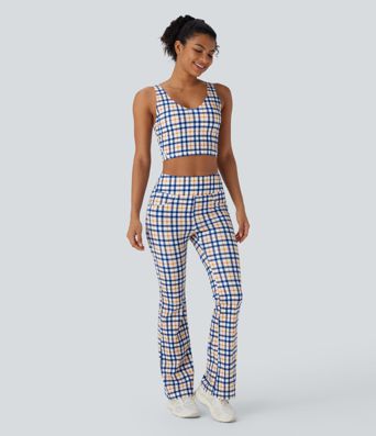 High Waisted Plaid Cool Touch Casual Bootcut Pants with Pockets