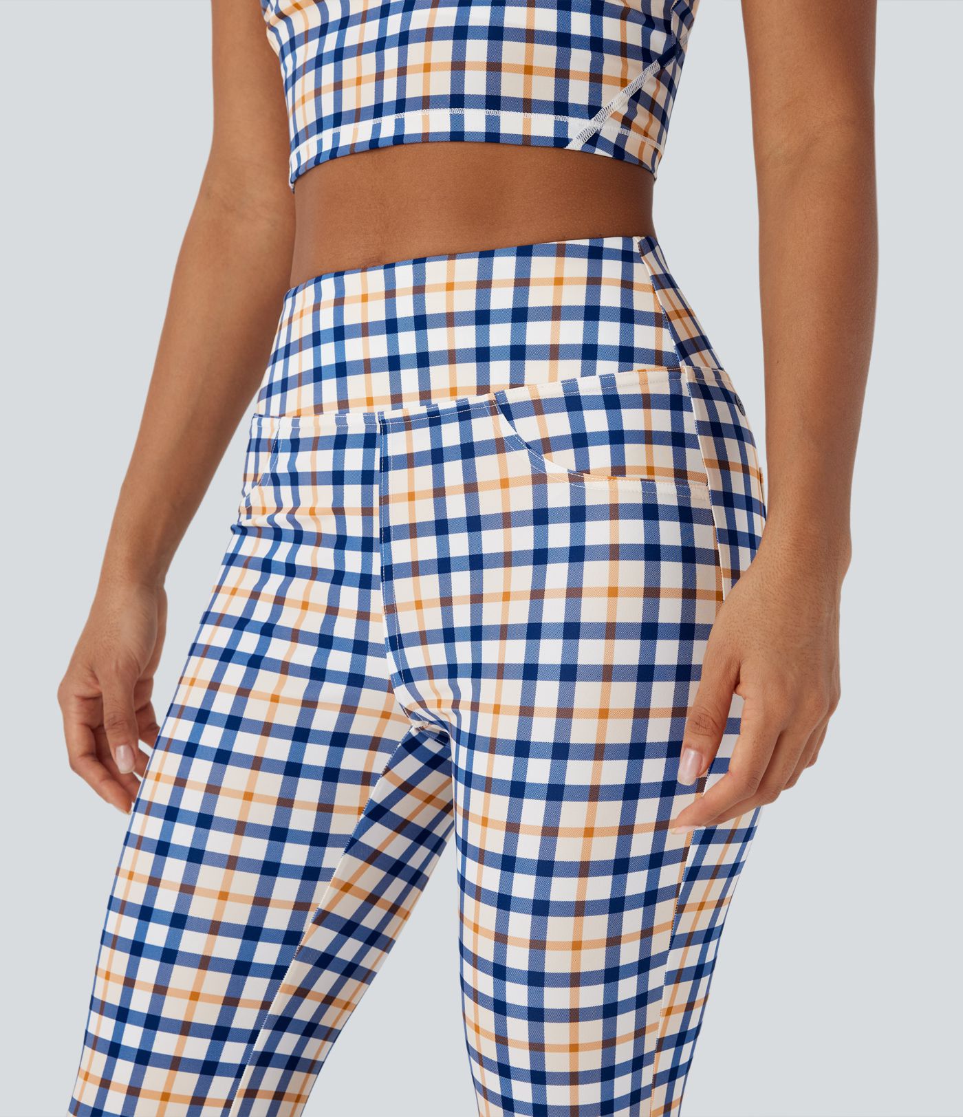 High Waisted Plaid Cool Touch Casual Bootcut Pants with Pockets