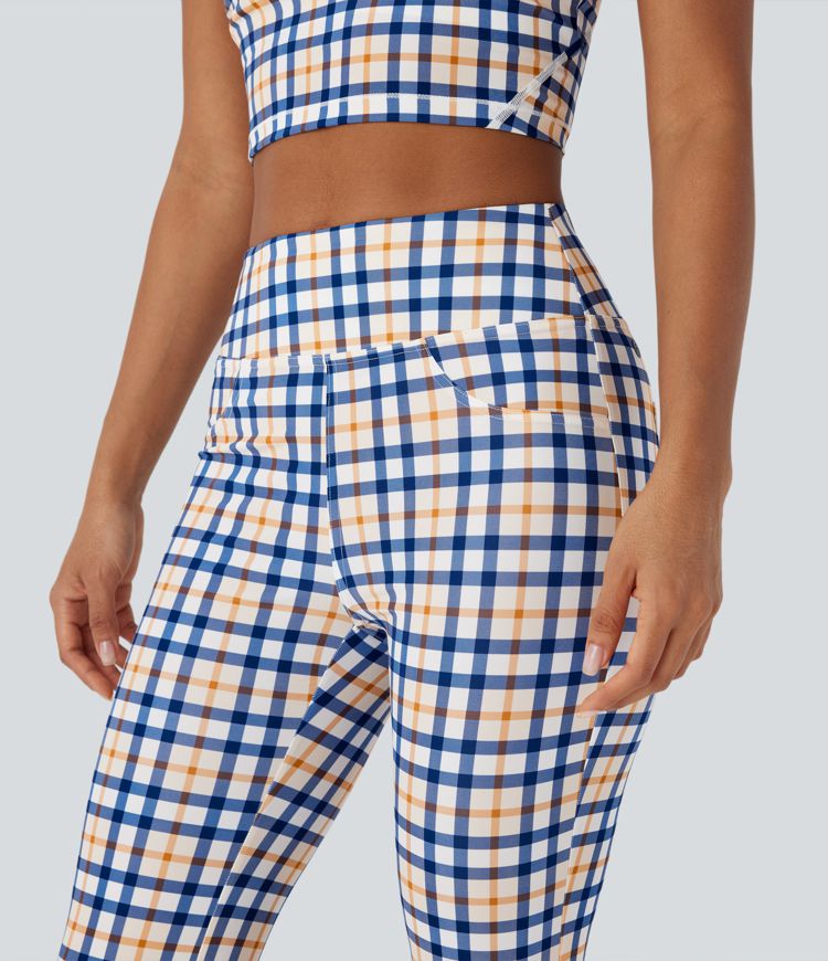 High Waisted Plaid Cool Touch Casual Bootcut Pants with Pockets