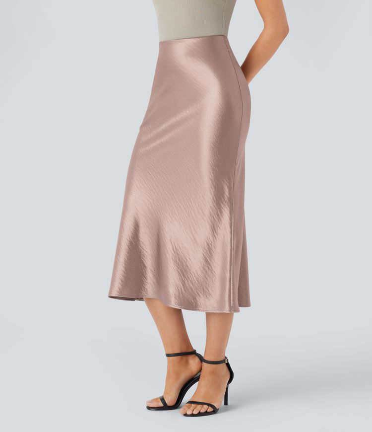 High Waisted Invisible Zipper Satin Midi Work Mermaid Skirt