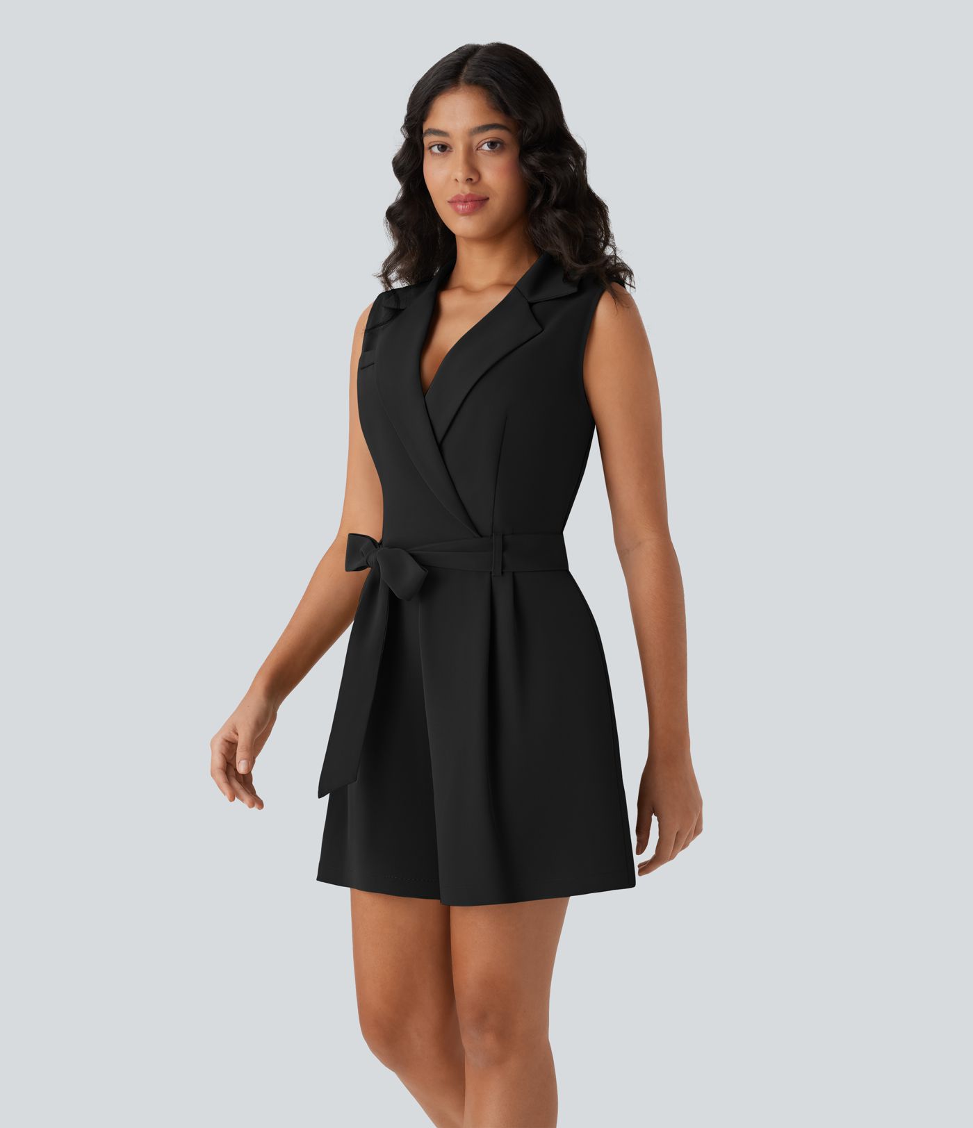 Notched Collar Sleeveless Belted Work Blazer Playsuit