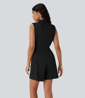 Notched Collar Sleeveless Belted Work Blazer Playsuit