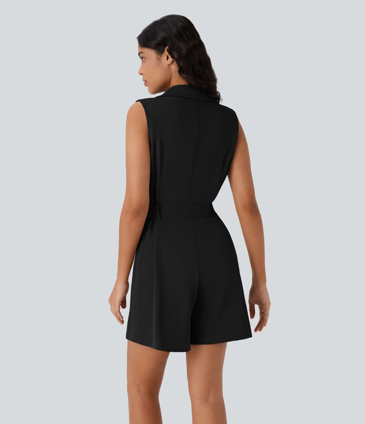 Notched Collar Sleeveless Belted Work Blazer Playsuit