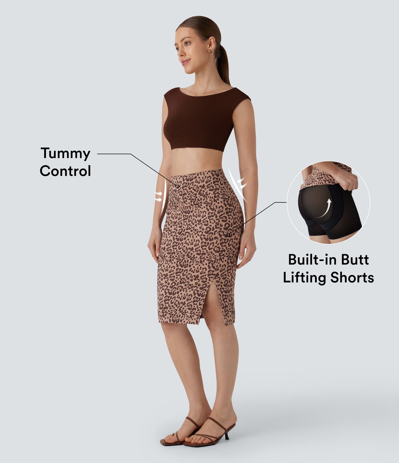 High Waisted Tummy Control Butt Lifting Midi Leopard Print Casual Shapewear Skirt