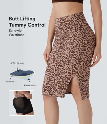 High Waisted Tummy Control Butt Lifting Midi Leopard Print Casual Shapewear Skirt