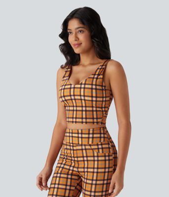 V Neck Plaid Cool Touch Cropped Yoga Tank Top