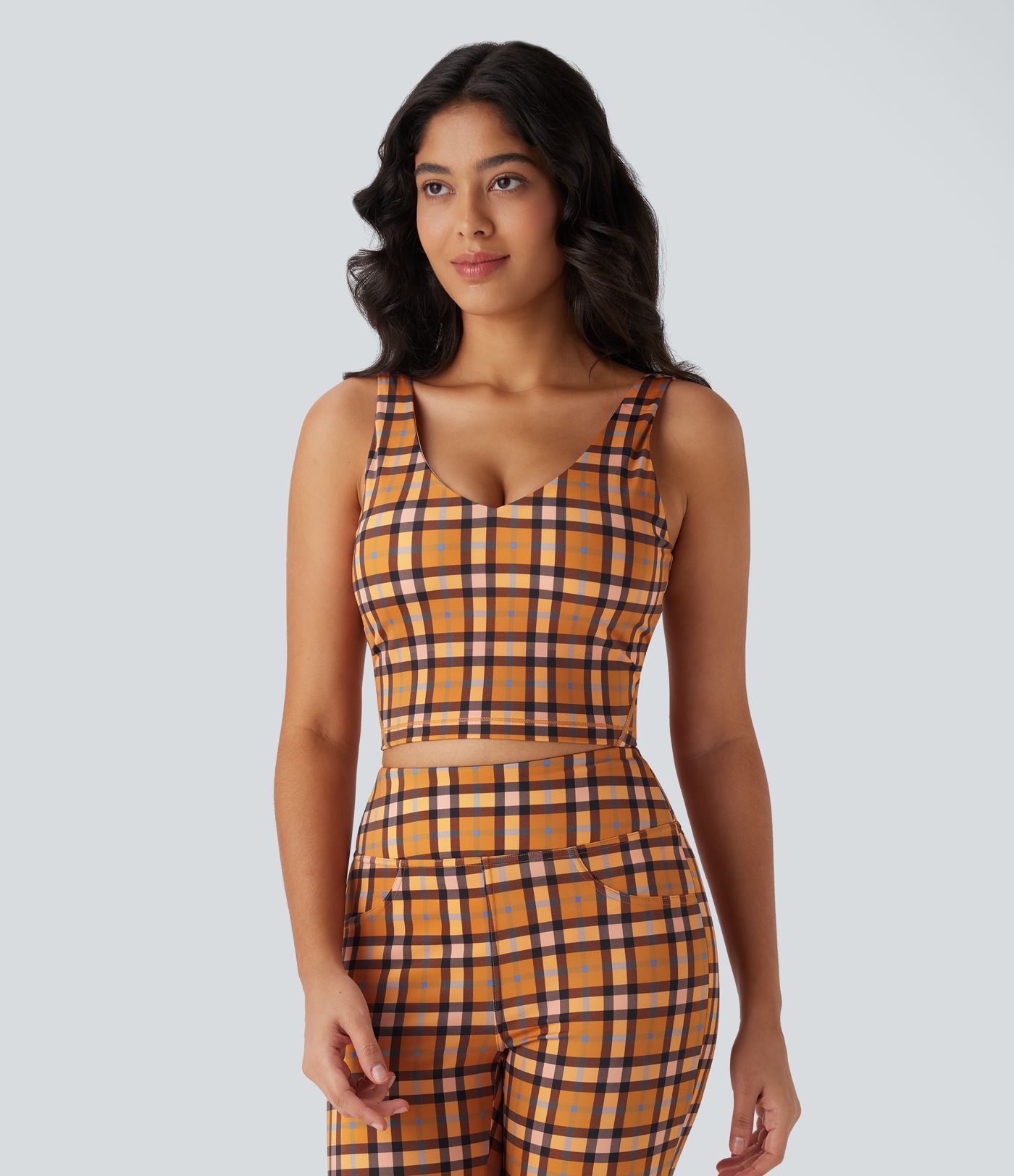 V Neck Plaid Cool Touch Cropped Yoga Tank Top