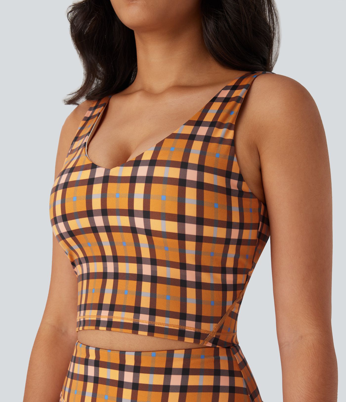 V Neck Plaid Cool Touch Cropped Yoga Tank Top