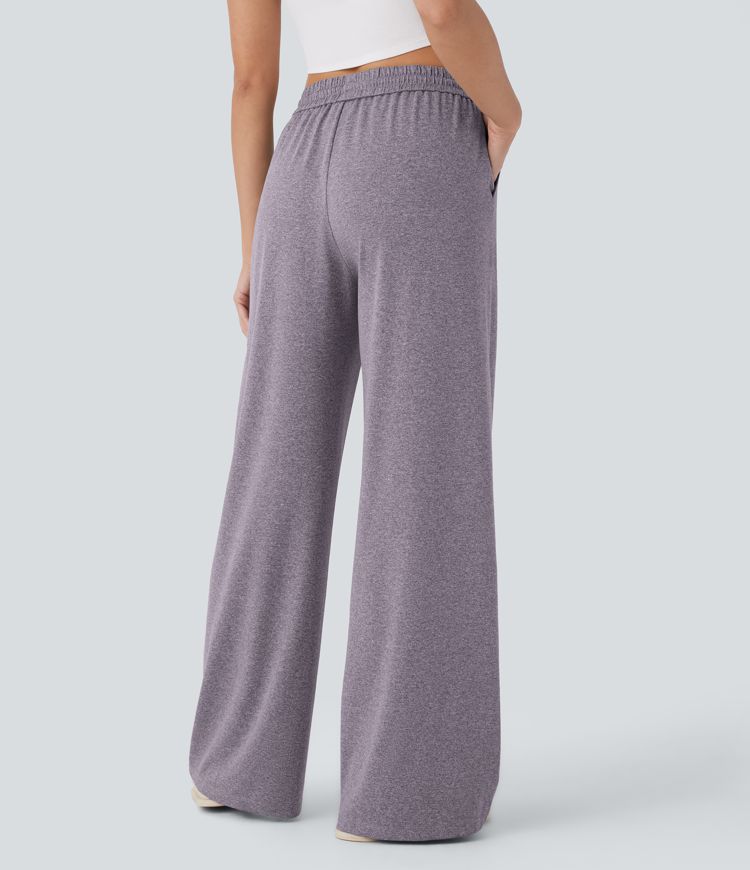 High Waisted Drawstring Pocket Wide Leg Casual Pants