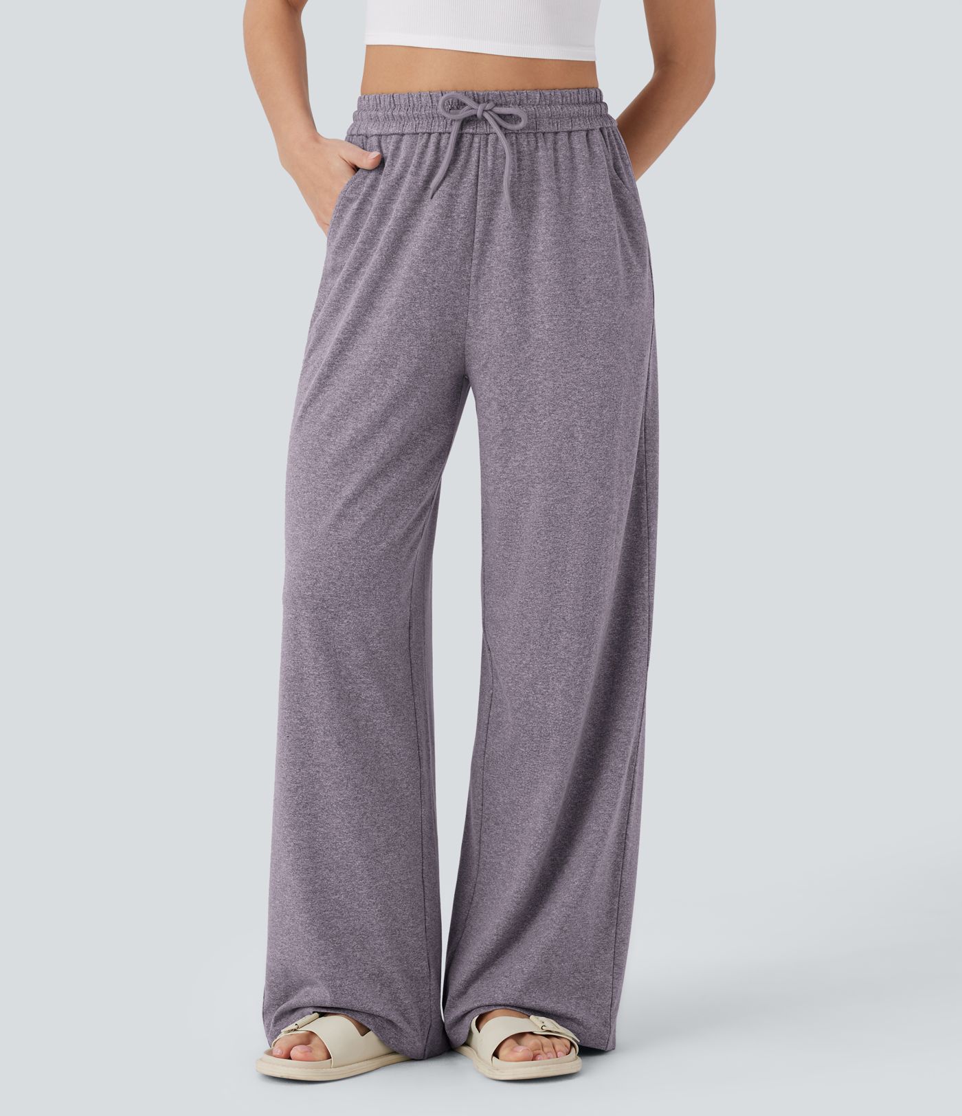 High Waisted Drawstring Pocket Wide Leg Casual Pants