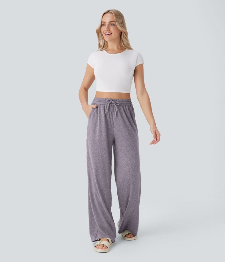 High Waisted Drawstring Pocket Wide Leg Casual Pants