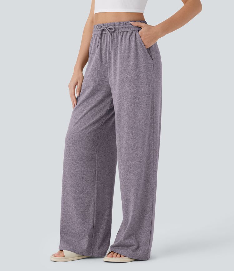 High Waisted Drawstring Pocket Wide Leg Casual Pants