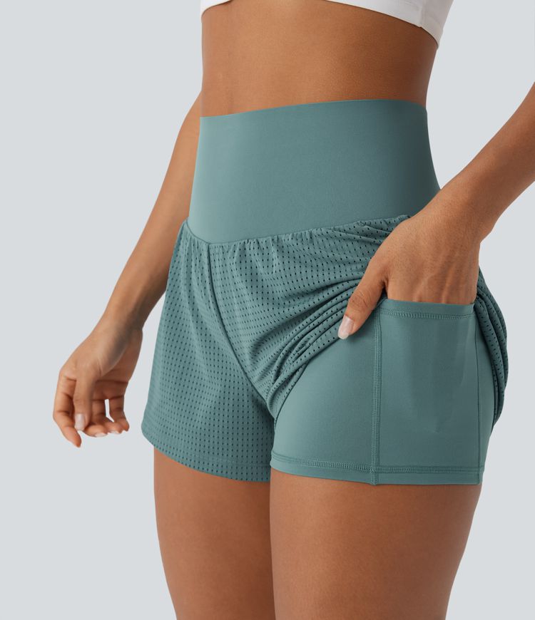 Perforierte 2-in-1 Yoga-Shorts mit superhohem Bund und Bauchkontrolle