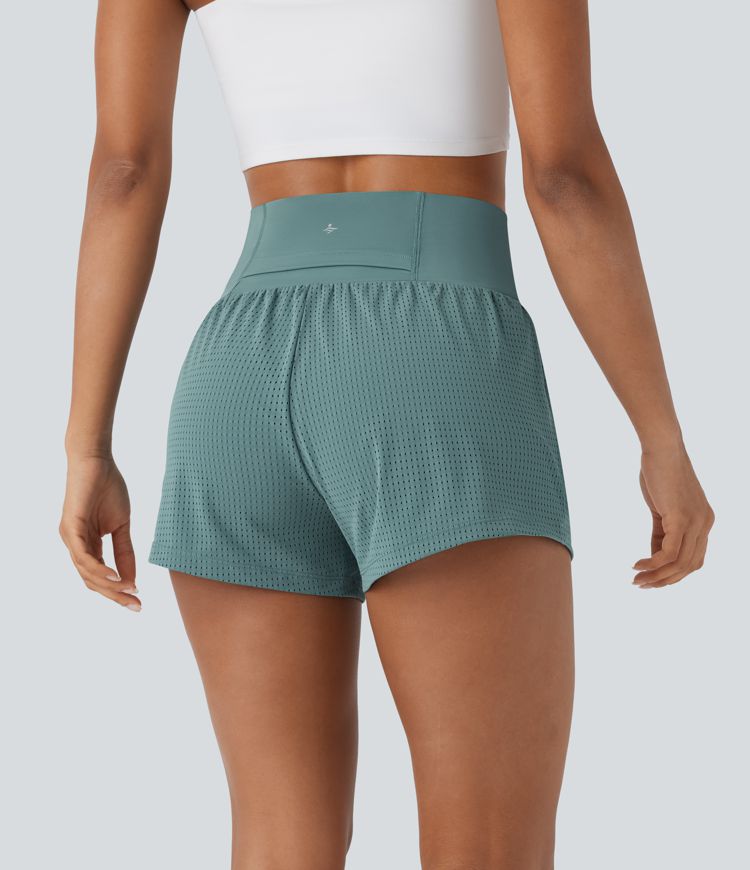 Perforierte 2-in-1 Yoga-Shorts mit superhohem Bund und Bauchkontrolle