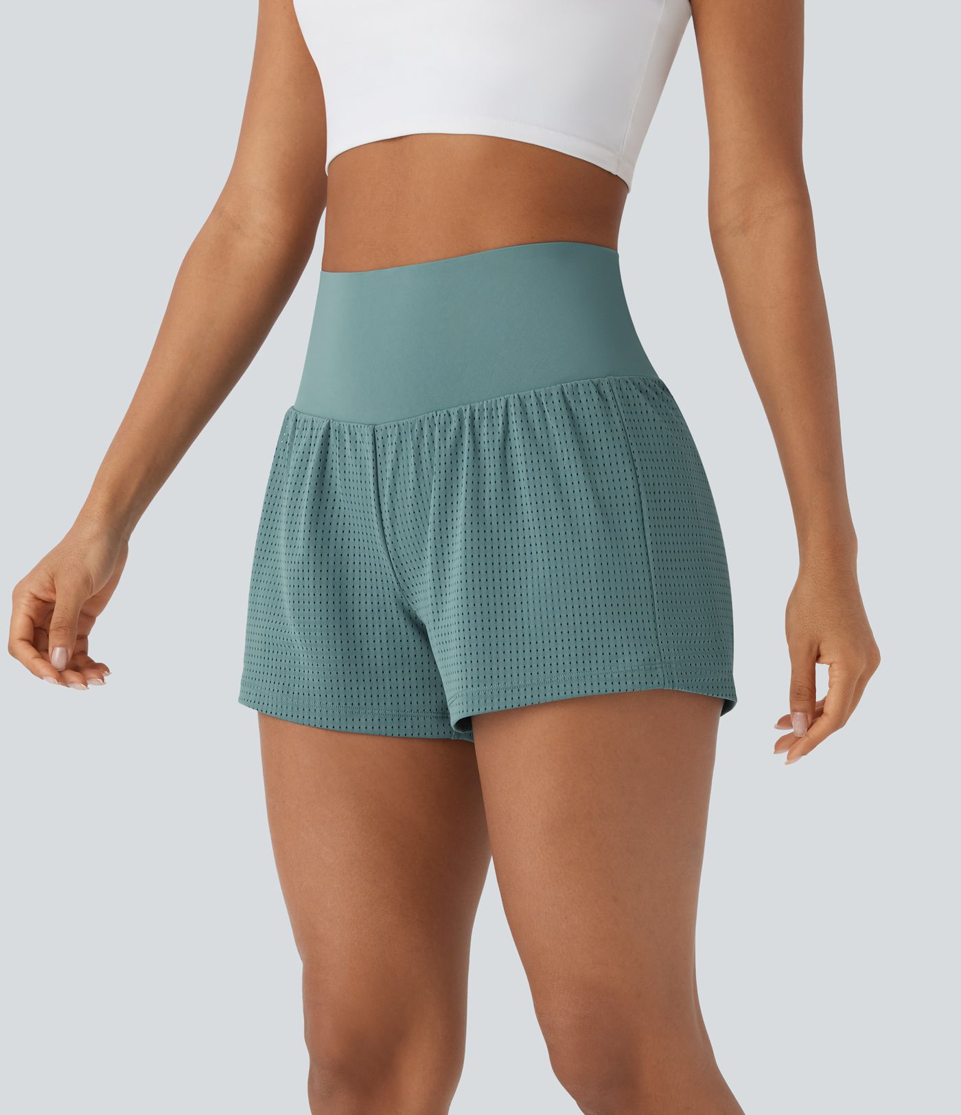 Perforierte 2-in-1 Yoga-Shorts mit superhohem Bund und Bauchkontrolle