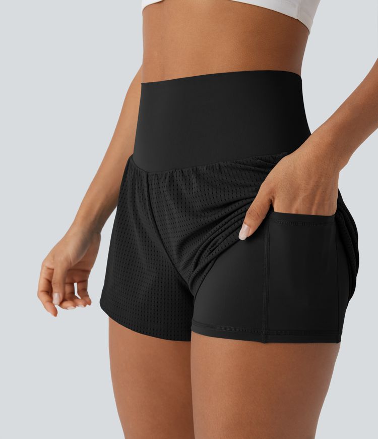 SoCinched Super High Waisted Tummy Control Perforated 2-in-1 Yoga Shorts