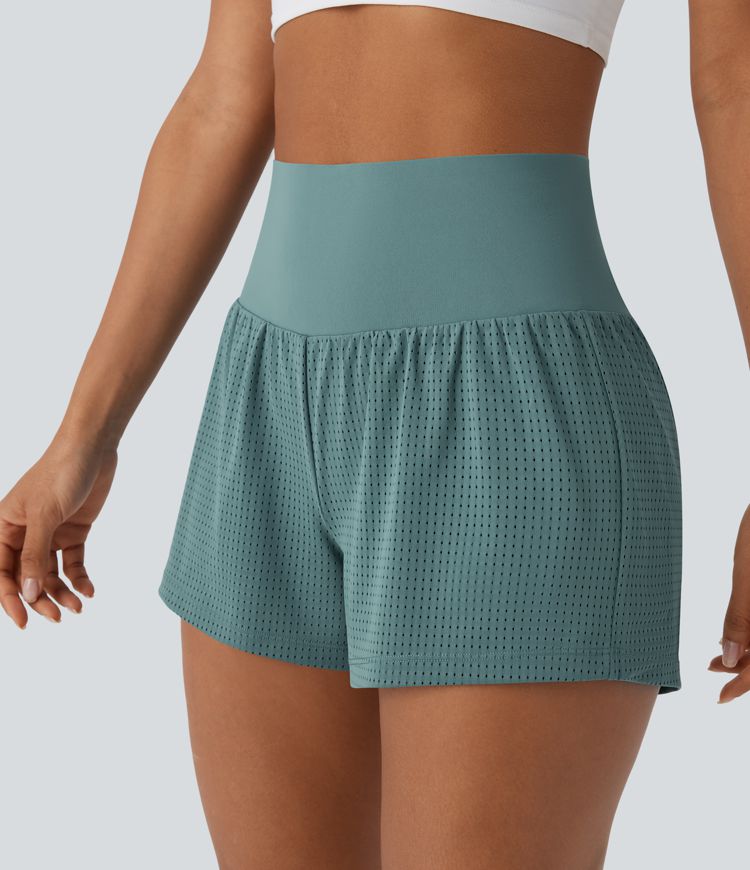 Perforierte 2-in-1 Yoga-Shorts mit superhohem Bund und Bauchkontrolle
