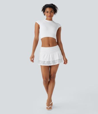 ロー ライズ ギャザー ティアード レース 2イン1 ミニ カジュアル スカート