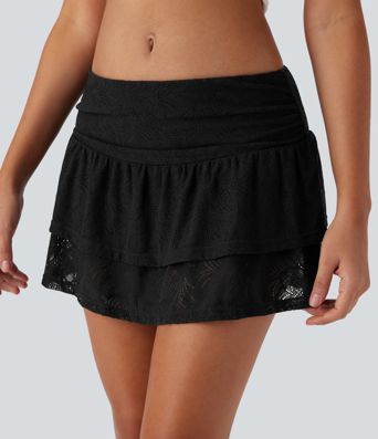 Jupe mini décontractée 2-en-1 taille basse à étages froncés avec dentelle