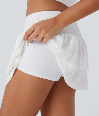 ロー ライズ ギャザー ティアード レース 2イン1 ミニ カジュアル スカート