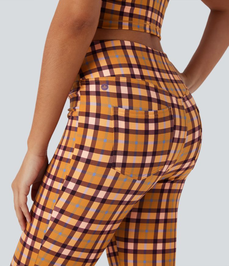 High Waisted Plaid Cool Touch Casual Bootcut Pants with Pockets