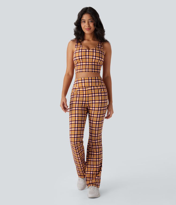 High Waisted Plaid Cool Touch Casual Bootcut Pants with Pockets
