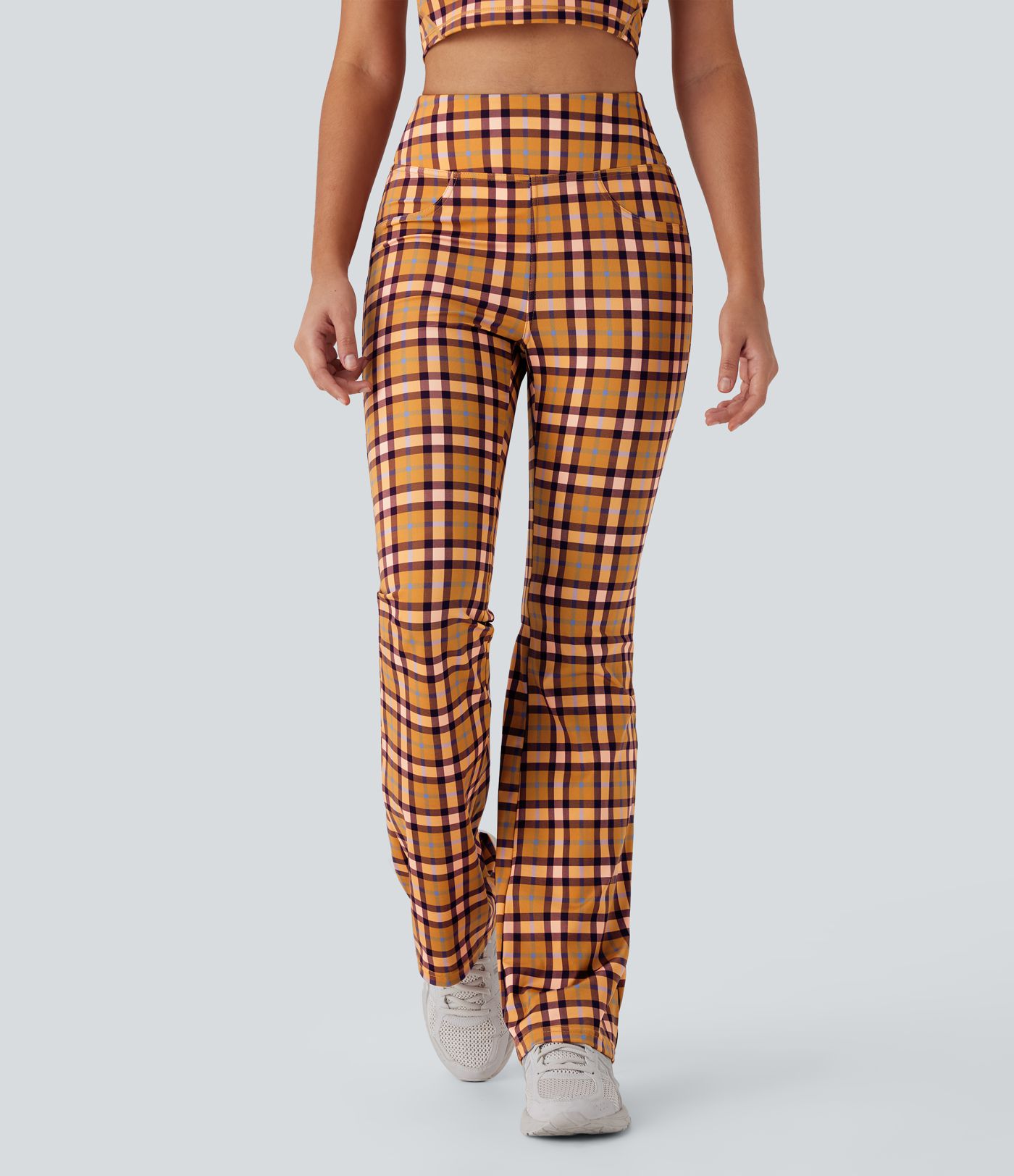 High Waisted Plaid Cool Touch Casual Bootcut Pants with Pockets