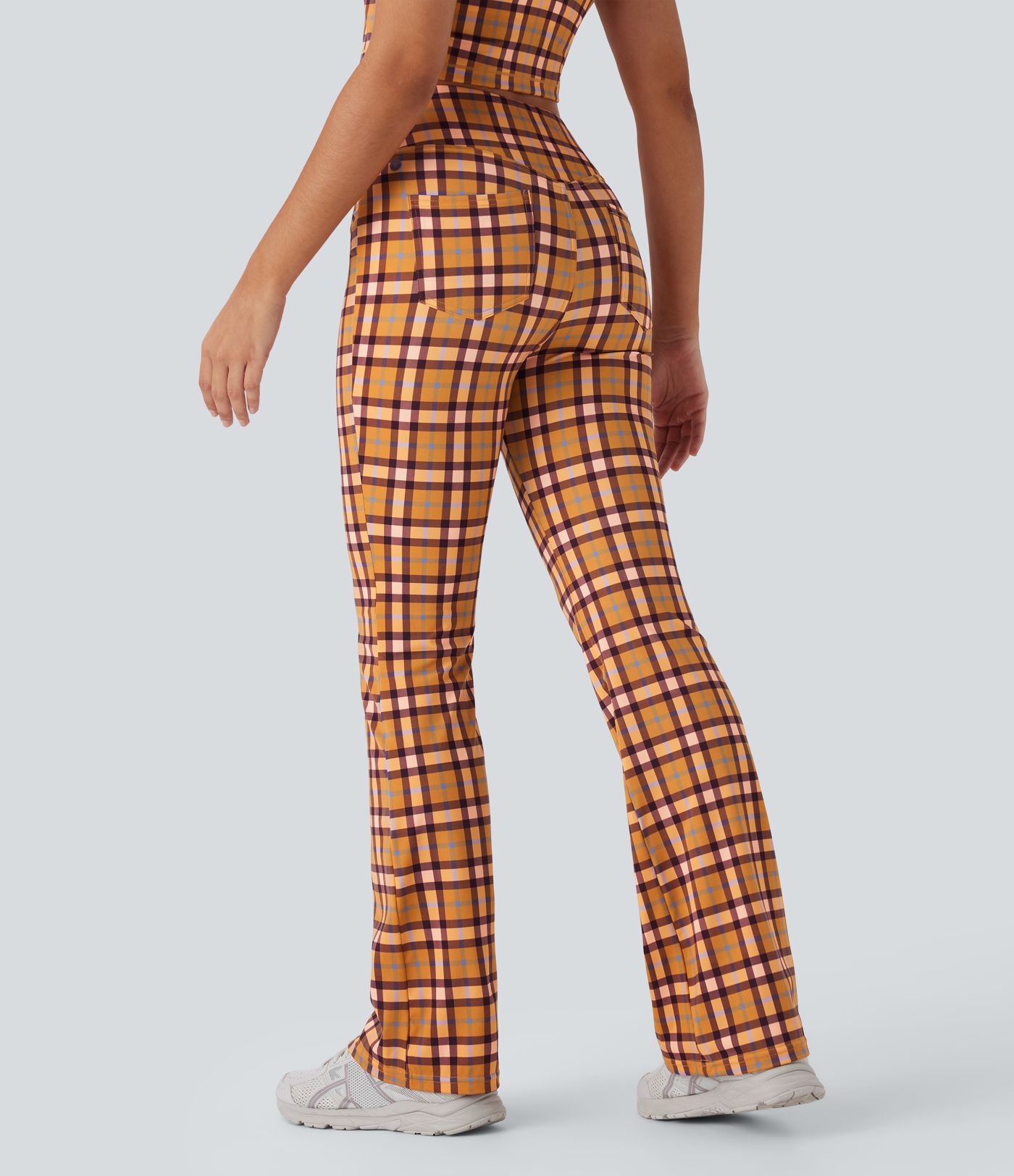 High Waisted Plaid Cool Touch Casual Bootcut Pants with Pockets
