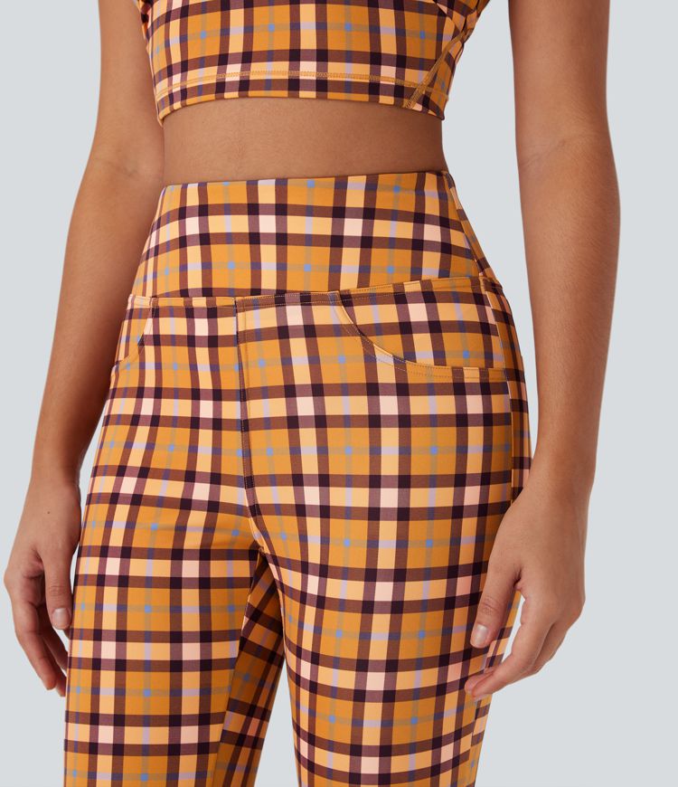 High Waisted Plaid Cool Touch Casual Bootcut Pants with Pockets