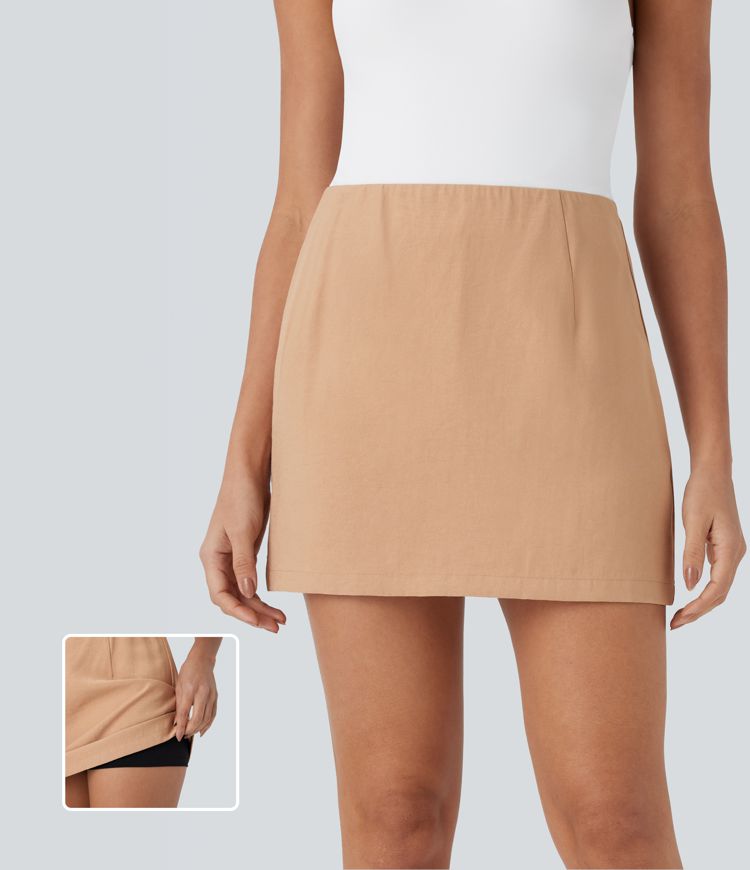 High Waisted 2-in-1 A Line Mini Casual Linen-Feel Skirt