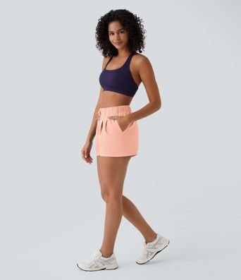 Mid-rise casual shorts with elastic waistband and drawstring, ruched side pockets, 7.6 cm