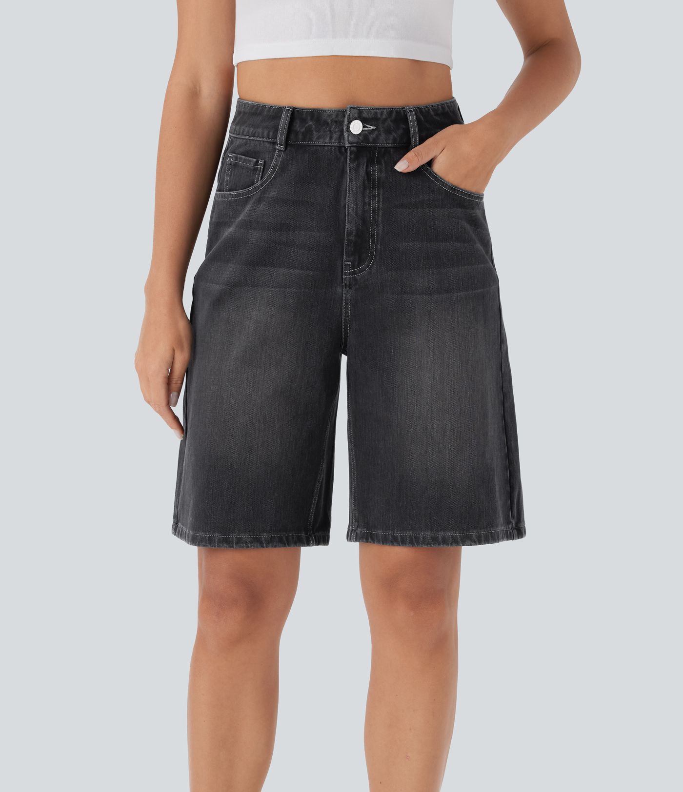 Short Bermuda en jean délavé à taille haute et poches Halara Flex™