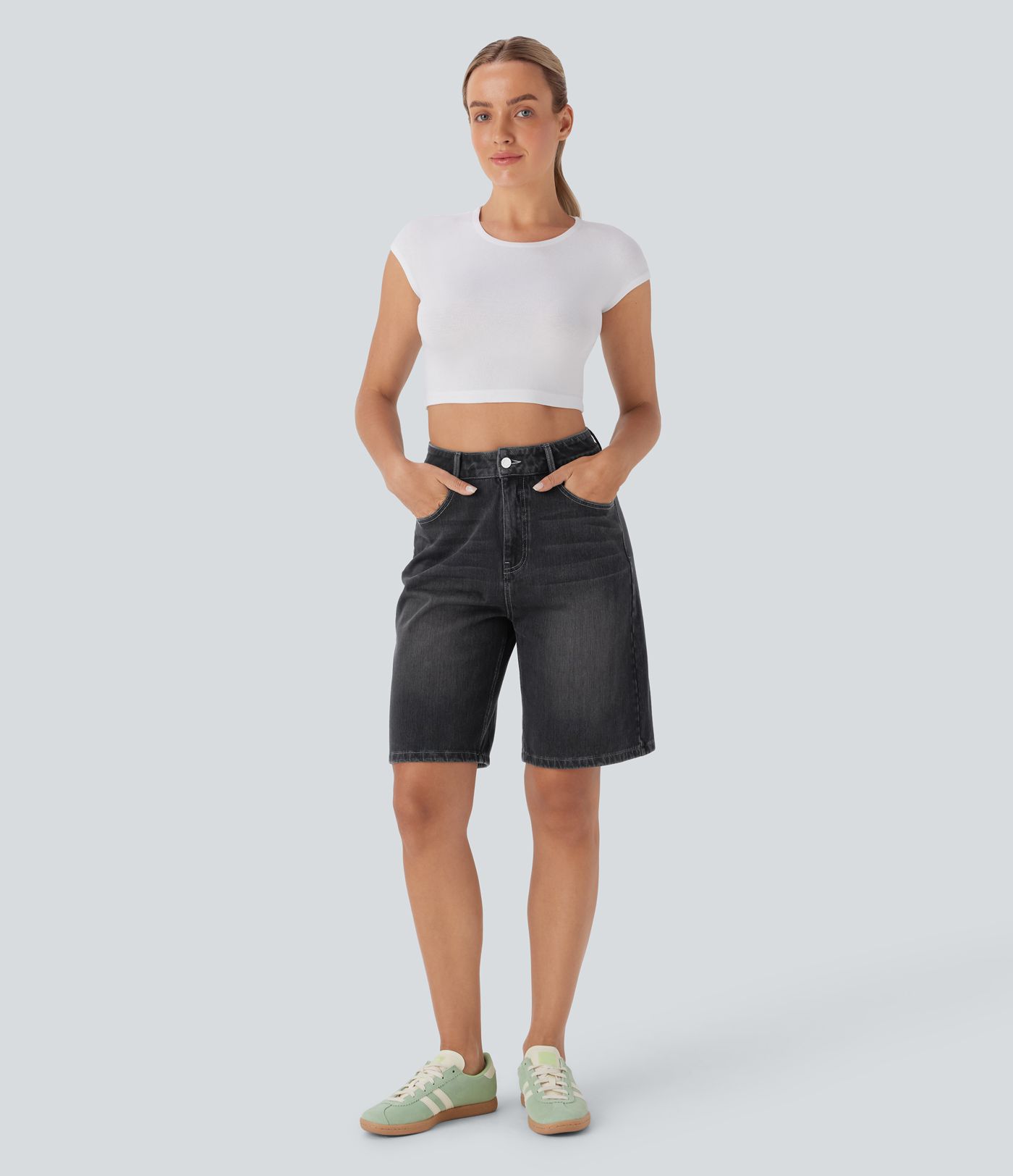 Short Bermuda en jean délavé à taille haute et poches Halara Flex™